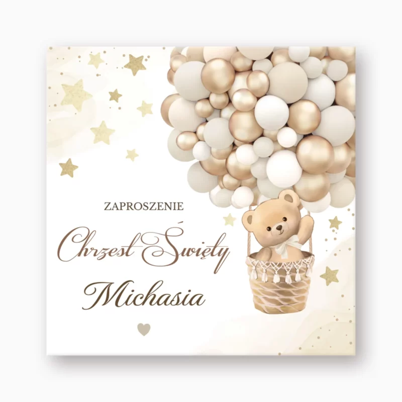 Zaproszenia na chrzest Miś Boho Beż №214