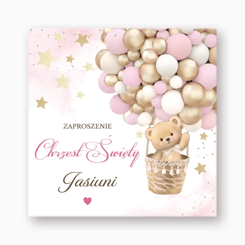 Zaproszenia na chrzest Miś Boho Róż №215