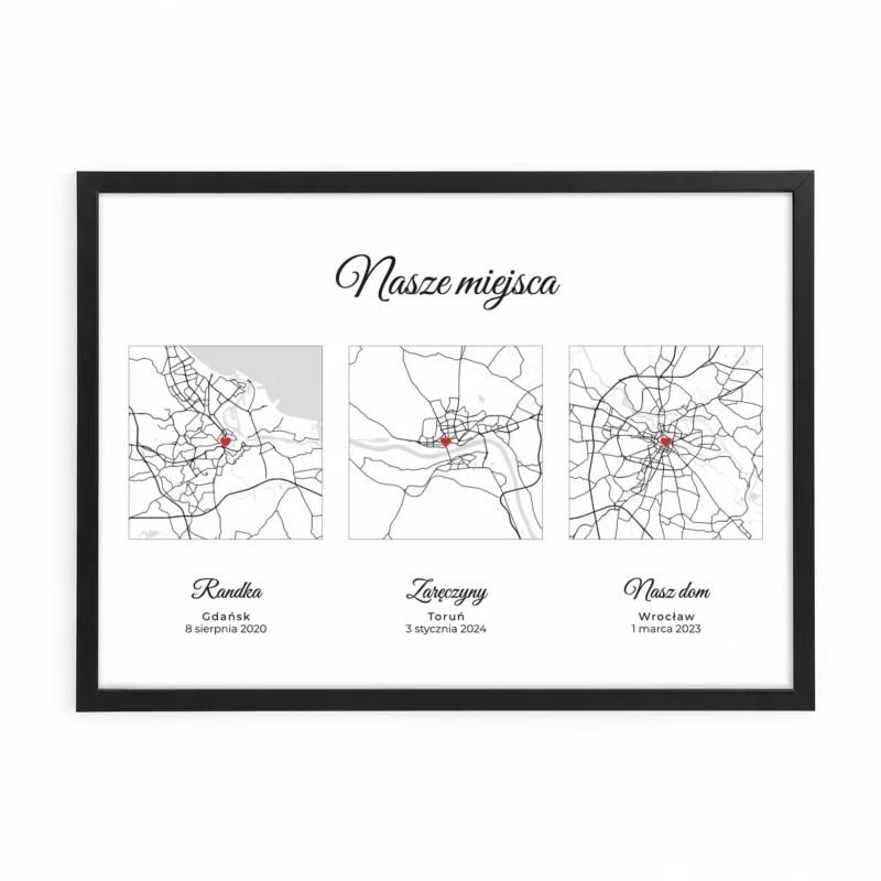Plakat Trzy mapy „Nasze miejsca” – prezent dla pary