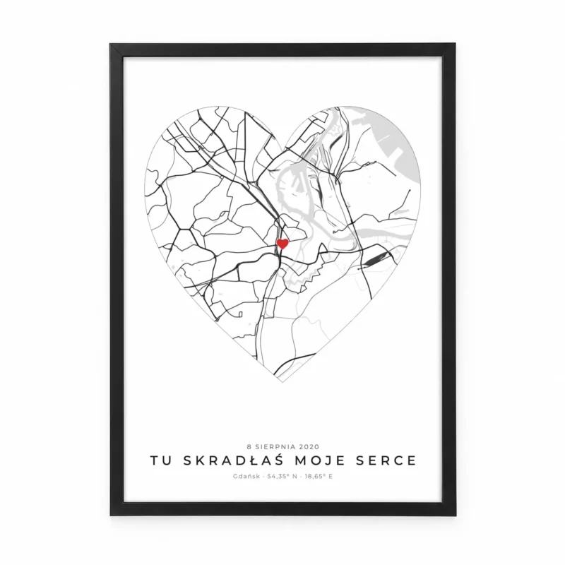 Plakat Mapa miasta w kształcie serca „Tu skradłaś moje serce” – prezent dla dziewczyny
