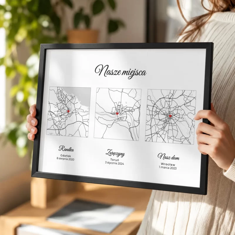 Plakat Trzy mapy „Nasze miejsca” – prezent dla pary