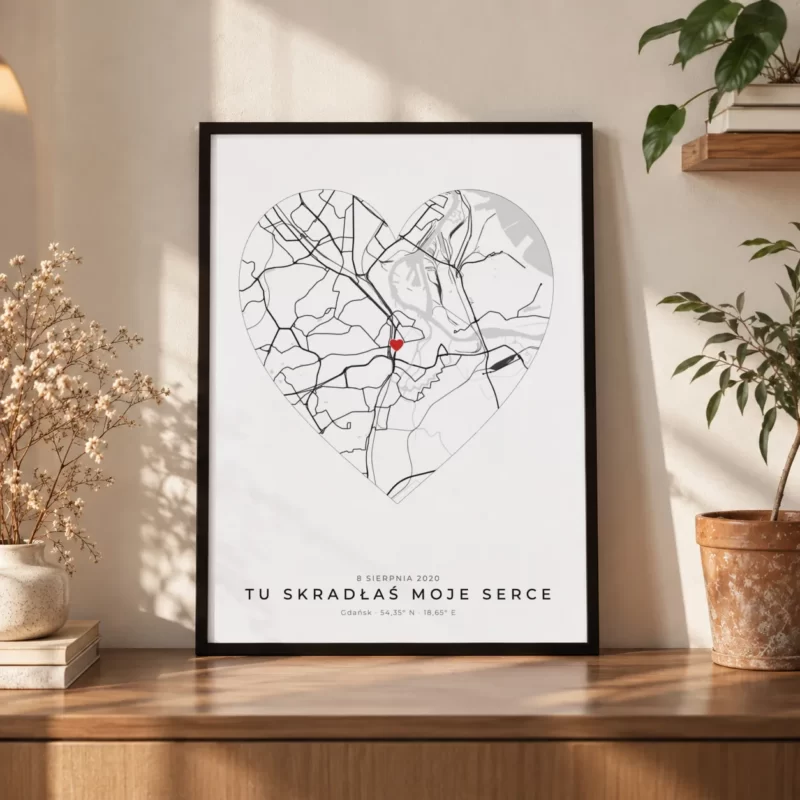 Plakat Mapa miasta w kształcie serca „Tu skradłaś moje serce” – prezent dla dziewczyny